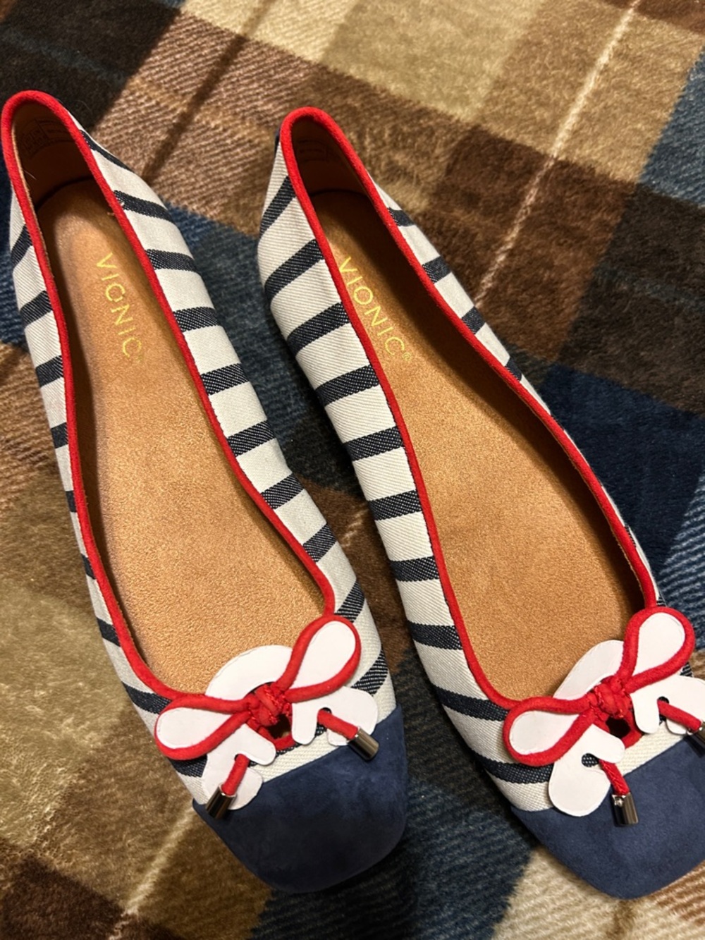 Vionic Navy & White Striped Ballet Flats with Red Trim